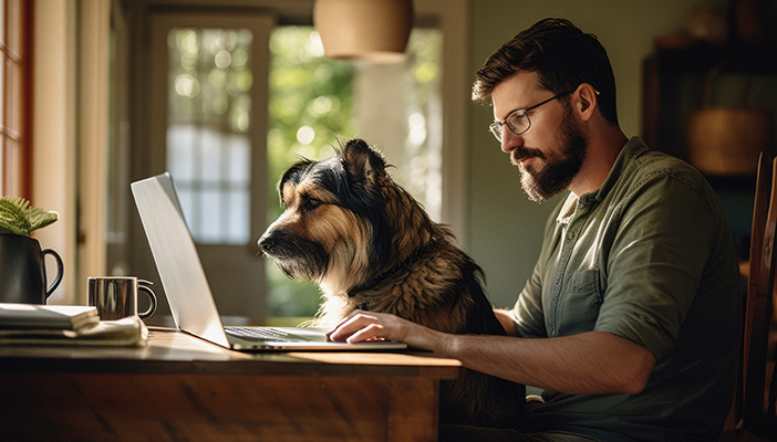 Man with dog on lap looking at a computer screen